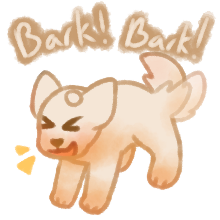 Drawing of a samoyed puppy barking happily and wagging its tail. There's the text "Bark! Bark!" in white with a blue outline above the drawing.