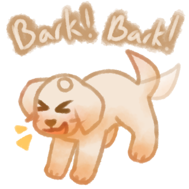 Drawing of a white golden retriever puppy barking happily and wagging its tail. There's the text "Bark! Bark!" in white with a blue outline above the drawing.