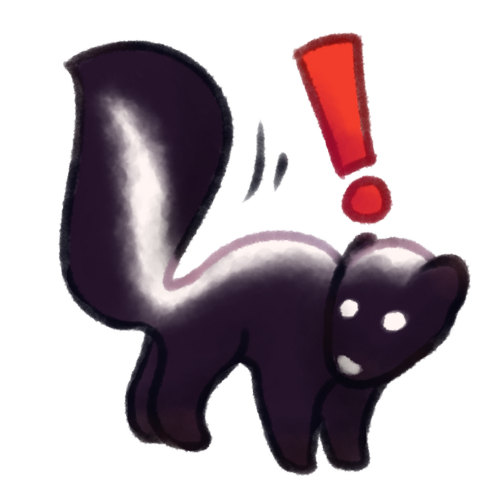 Drawing of a hooded skunk looking startled with its tail up pointed at the reader. There's a red exclamation point beside it.
