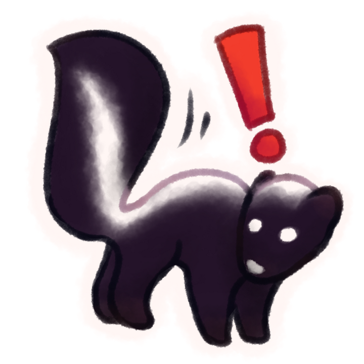 Drawing of a hooded skunk looking startled with its tail up pointed at the reader. There's a red exclamation point beside it. The drawing has a white outline around it.