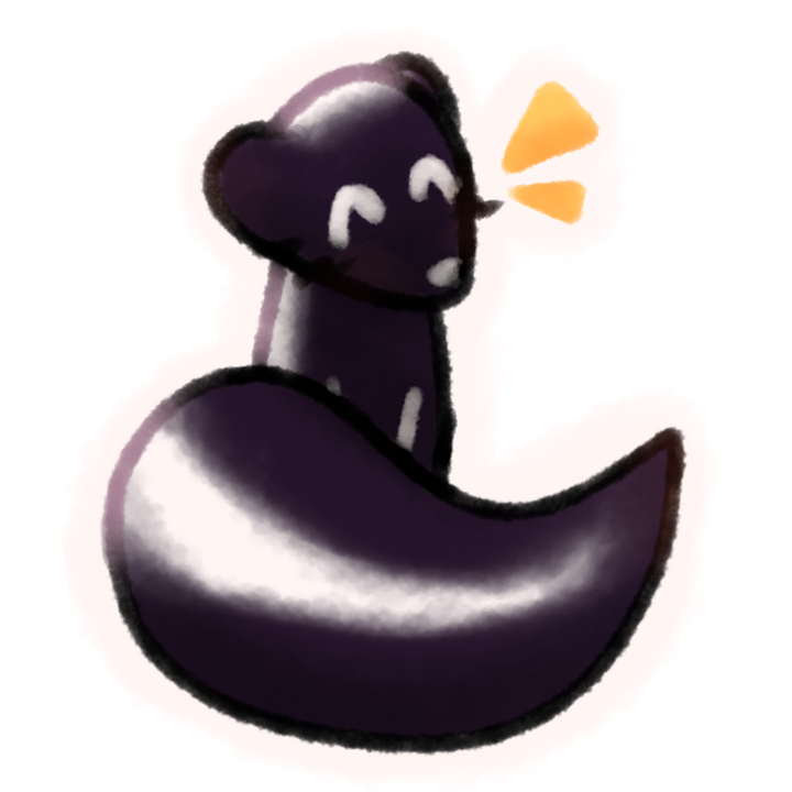 Drawing of a hooded skunk sitting and looking happy with its tail around itself. There's a white outline around the drawing.