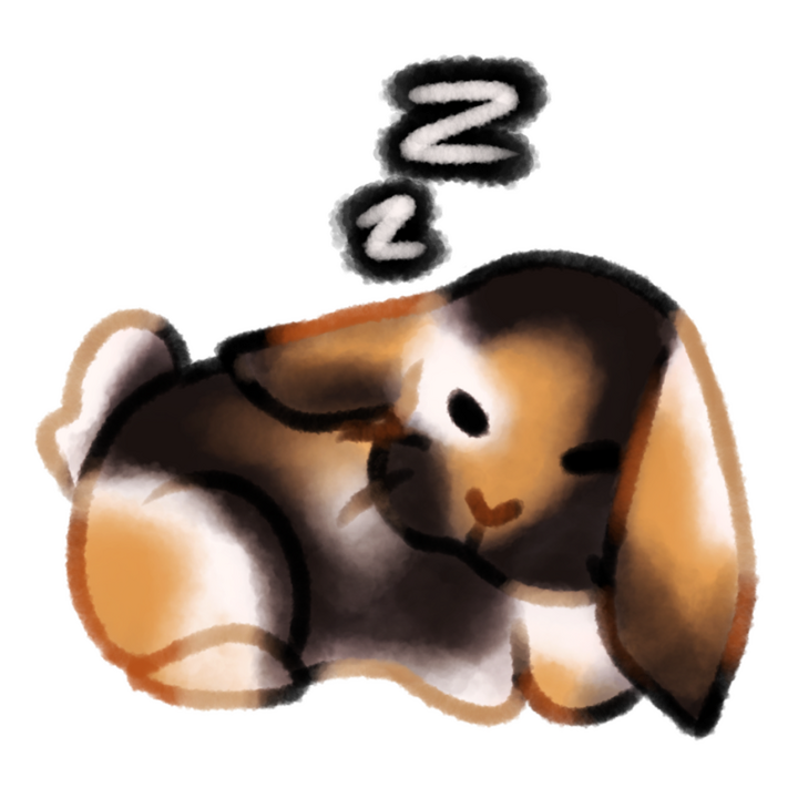 Drawing of a lop-eared holland rabbit sleeping, with several white "Z"s outlined with black coming from it.