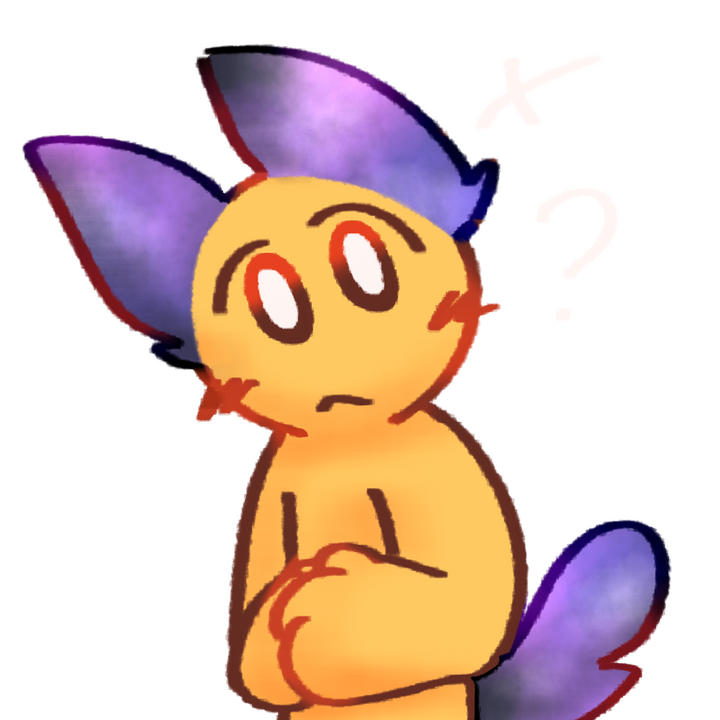 Drawing of an emojiperson with galaxy colored cat ears & tail tilting their head with a question mark next to their head.