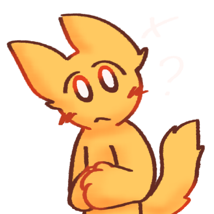 Drawing of an emojiperson with cat ears and a long tail with a tuft on the end tilting their head and looking confused. There's a question mark next to their head.