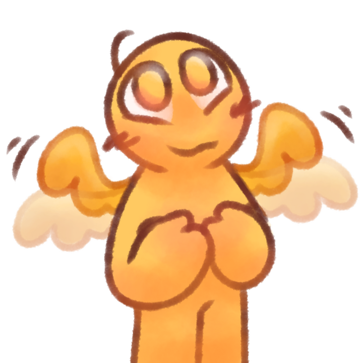 Drawing of an emojiperson happily stimming by flexing their golden colored wings.