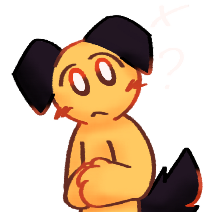 Drawing of an emojiperson with black dog ears and a tail tilting their head looking confused. There's a question mark next to their head.