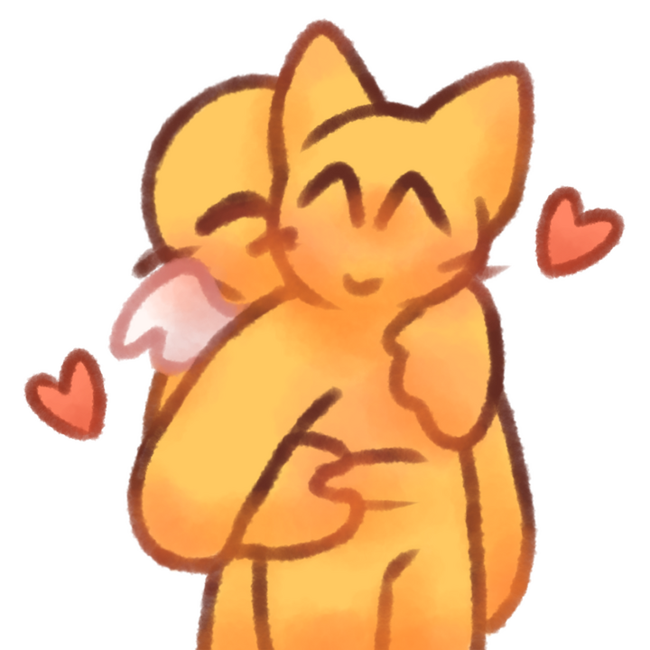 Drawing of two emojipeople hugging, one hugging from behind a chubby person with cat ears and white wings and squishing their belly. There are hearts around the two.