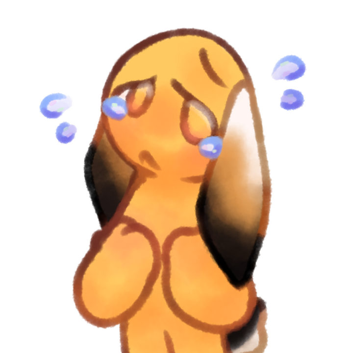 Drawing of an emojiperson with lop-eared holland rabbit ears and a tail crying.