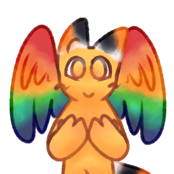 Drawing of a happy emojiperson with calico cat ears, tail, and parrot ears.
