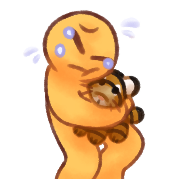 Drawing of an age regressed emojiperson crying and hugging a tiger plush.
