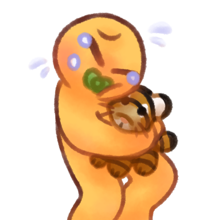 Drawing of an age regressed emojiperson crying and hugging a tiger plush with a green pacifier in their mouth.
