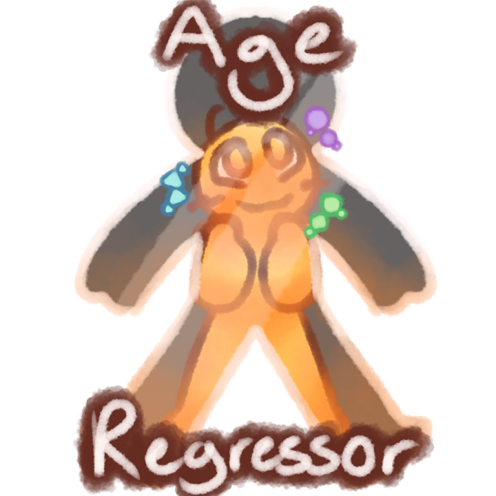 Drawing of a small emojiperson inside a large glass body, looking happy with colored shapes around their head. There are the words "Age Regressor" above and below the drawing in white with a brown outline.