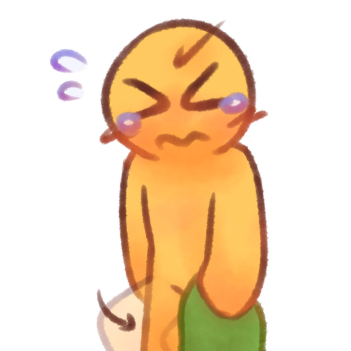 Drawing of an age regressed emojiperson crying, holding a green blanket, and stomping. They look angry.