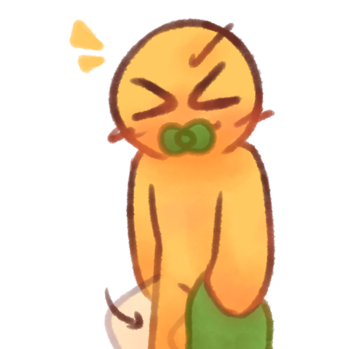 Drawing of an age regressed emojiperson with a pacifier holding a green blanket and stomping. They look mischievous and happy.