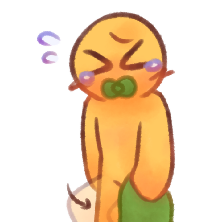 Drawing of an age regressed emojiperson with a pacifier crying, holding a green blanket, and stomping. They look upset.