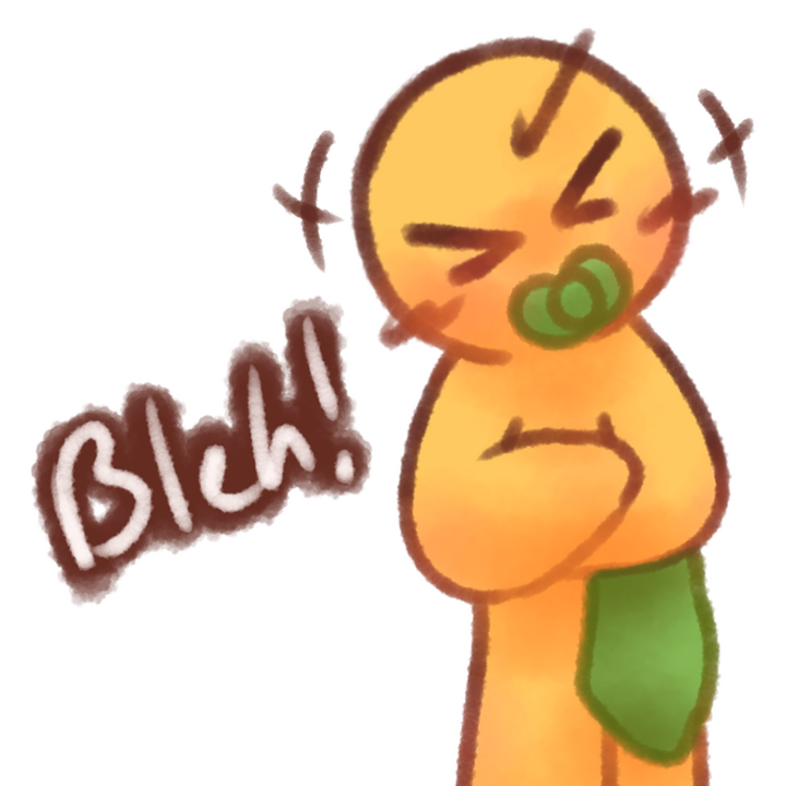 Drawing of an age regressed emojiperson with a green pacifier holding a green blanket and shaking their head. The text "Bleh!" in white with a brown outline can be seen next to the drawing.