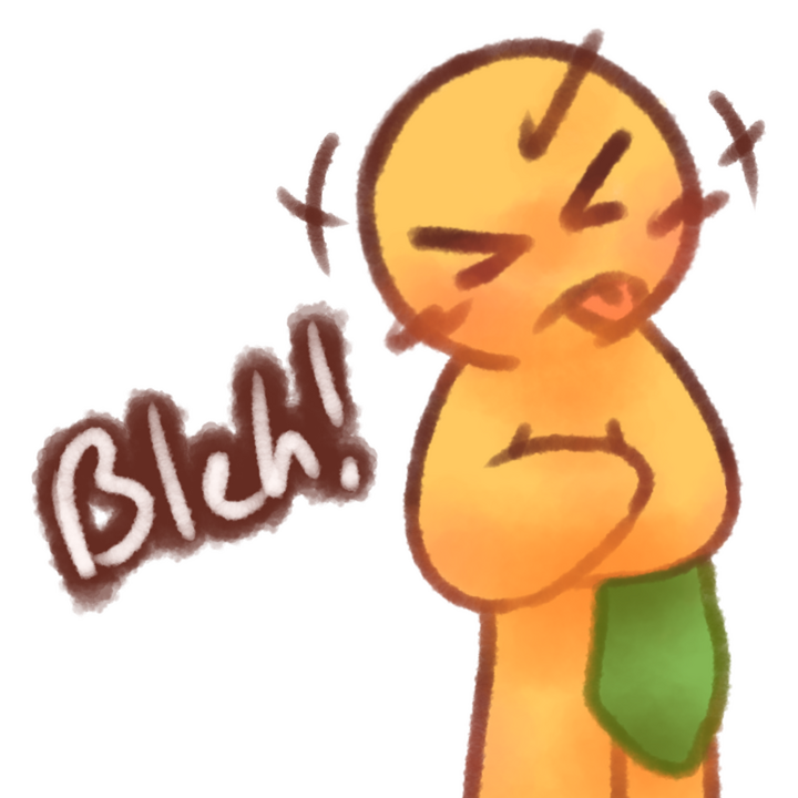 Drawing of an age regressed emojiperson holding a green blanket and shaking their head, sticking out their tongue. The text "Bleh!" in white with a brown outline can be seen next to the drawing.