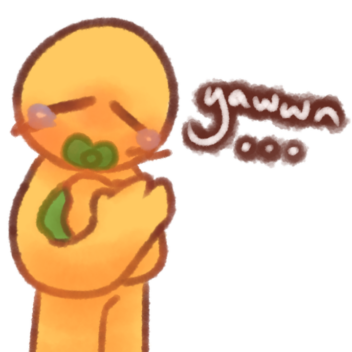 Drawing of an age regressed emojiperson with a green pacifier holding a green blanket and yawning tiredly.