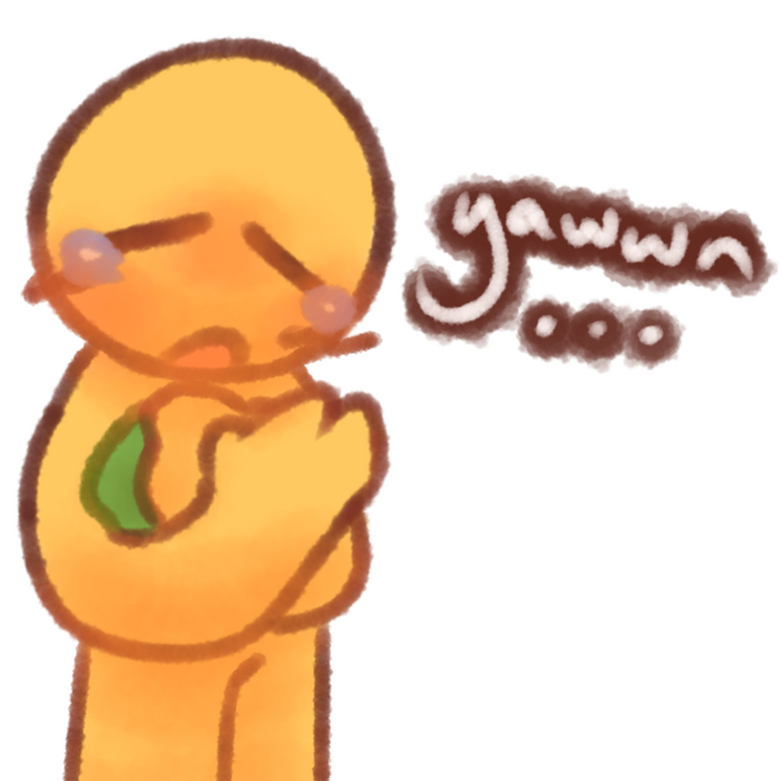Drawing of an age regressed emojiperson holding a green blanket and yawning tiredly.
