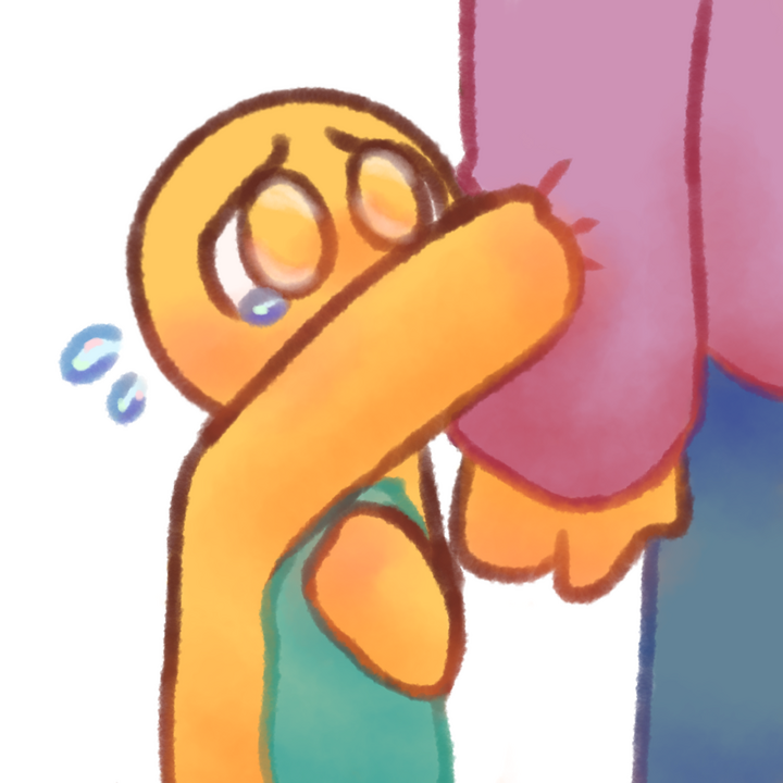 Drawing of an age regressed emojiperson tugging the sleeve of their caregiver while crying.