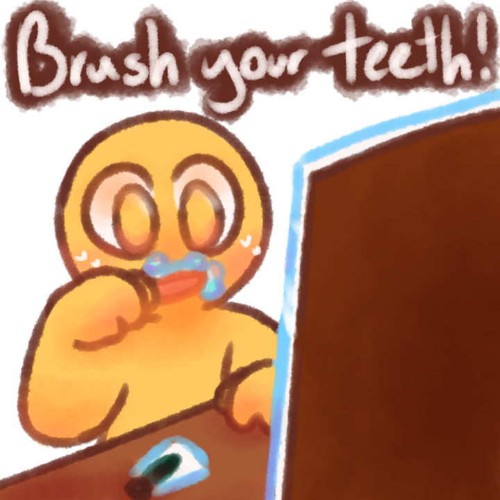 Drawing of an emojiperson brushing their teeth in front of a mirror. The text "Brush your teeth" in white with a brown outline can be seen to the right of the drawing.