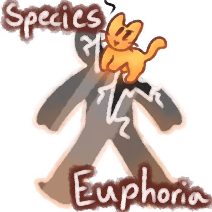 Drawing of a cat crawling out of a broken glass human body chasing a string. The text "Species Euphoria" in white with brown outlines can be seen above the drawing.