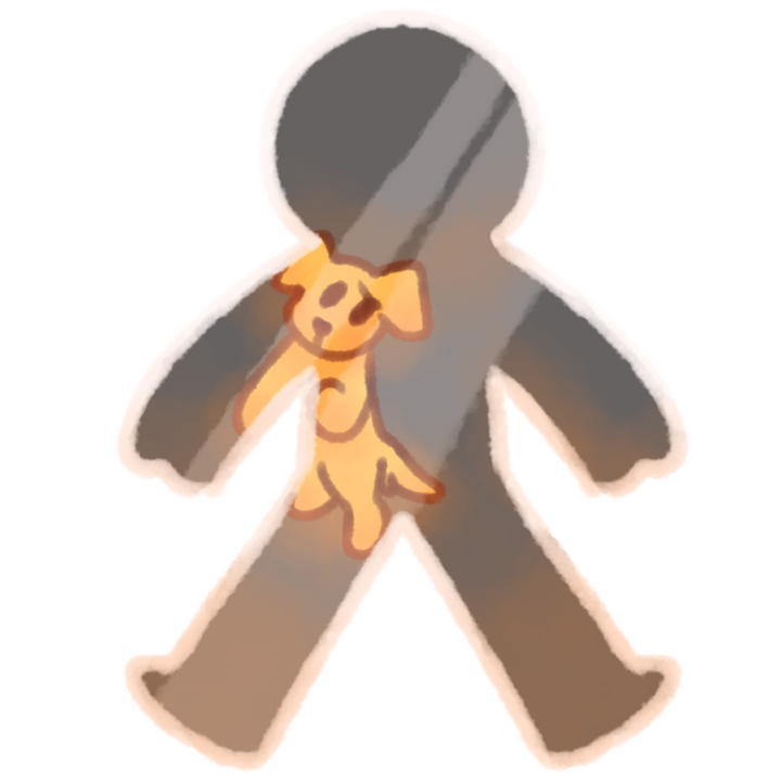 Drawing of a dog trapped in a glass human body looking sad.