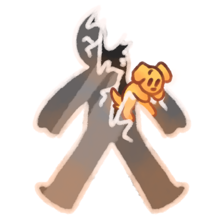 Drawing of a dog crawling out of a broken glass human body.