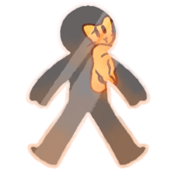 Drawing of a cat trapped in a glass human body looking sad.