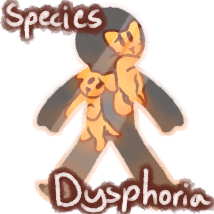 Drawing of a cat and a dog trapped in a glass human body looking sad. The text "Species Dysphoria" in white with brown outlines can be seen above the drawing.