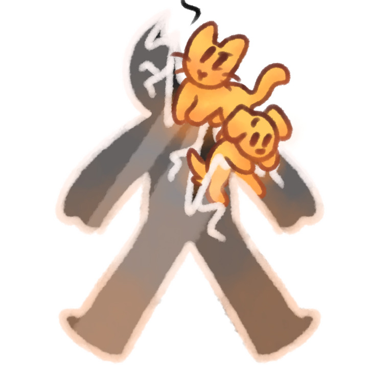 Drawing of a cat and dog crawling out of a broken glass human body with the cat chasing a string.