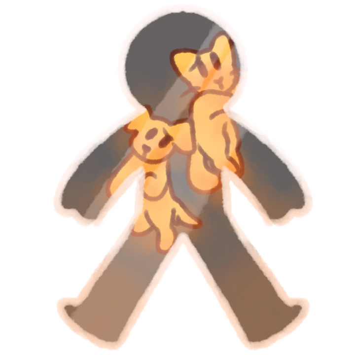 Drawing of a cat and a dog trapped in a glass human body looking sad.