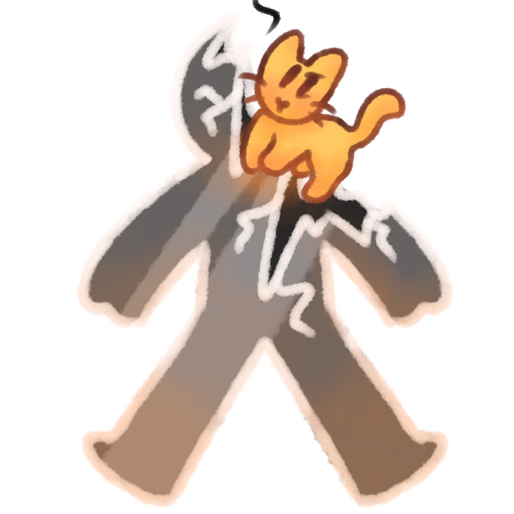 Drawing of a cat crawling out of a broken glass human body chasing a string.