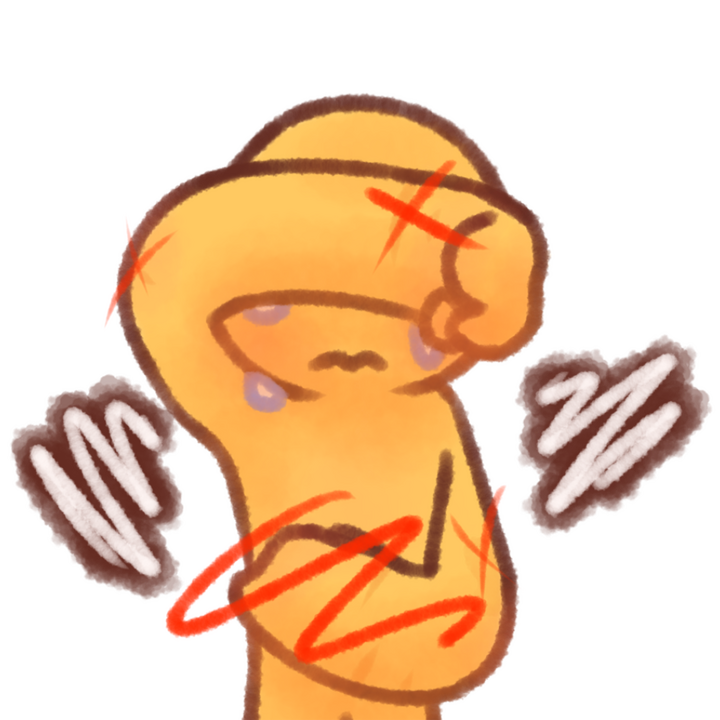 Drawing of an emojiperson crying and covering their eyes with their right hand and their stomach with their left. They have a few scars and a birthmark, and there is a red squiggle over their stomach and red xs over some of their scars. White squiggles wit
