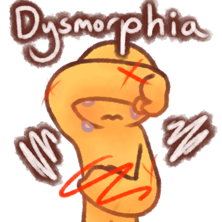 Drawing of an emojiperson crying and covering their eyes with their right hand and their stomach with their left. They have a few scars and a birthmark, and there is a red squiggle over their stomach and red xs over some of their scars. The text "Dysmorphi