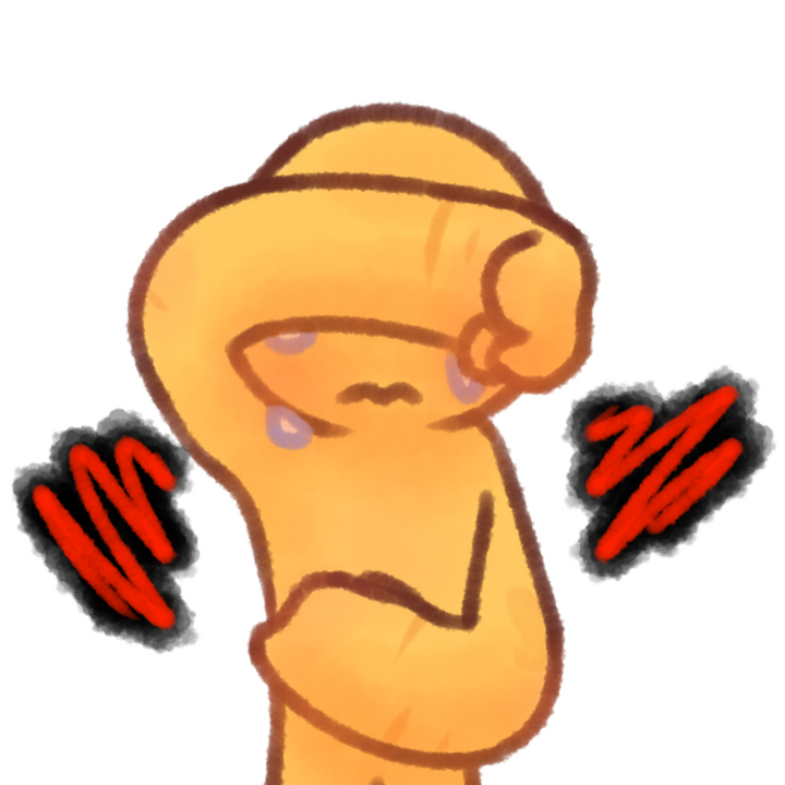 Drawing of an emojiperson crying and covering their eyes with their right hand and their stomach with their left. They have a few scars and a birthmark. Red squiggles with black outlines can be seen coming from the person.