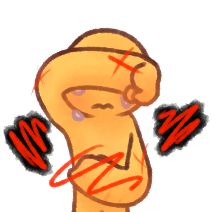 Drawing of an emojiperson crying and covering their eyes with their right hand and their stomach with their left. They have a few scars and a birthmark, and there is a red squiggle over their stomach and red xs over some of their scars. Red squiggles with