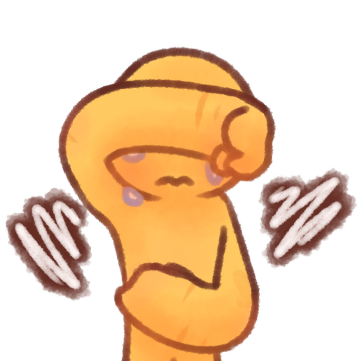Drawing of an emojiperson crying and covering their eyes with their right hand and their stomach with their left. They have a few scars and a birthmark. White squiggles with brown outlines can be seen coming from the person.