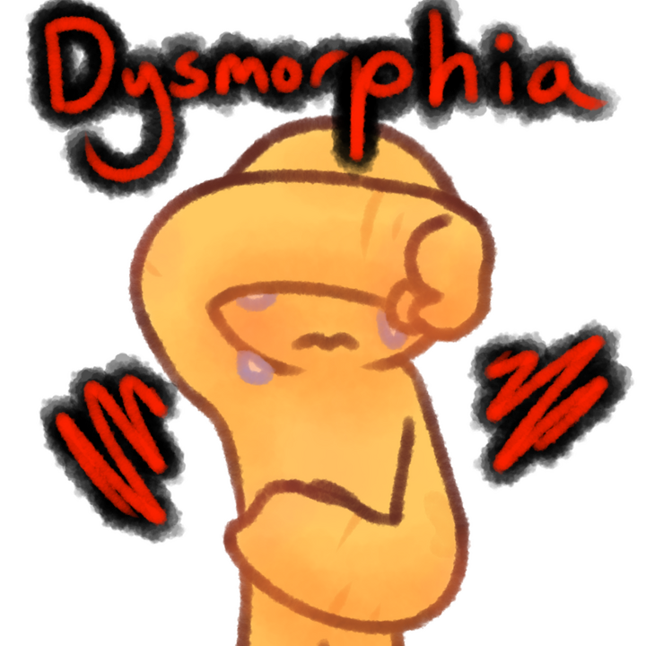 Drawing of an emojiperson crying and covering their eyes with their right hand and their stomach with their left. They have a few scars and a birthmark. The text "Dysmorphia" in red with black outlines can be seen above the drawing, along with red squiggle