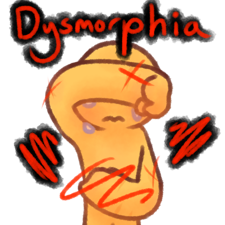 Drawing of an emojiperson crying and covering their eyes with their right hand and their stomach with their left. They have a few scars and a birthmark, and there is a red squiggle over their stomach and red xs over some of their scars. The text "Dysmorphi