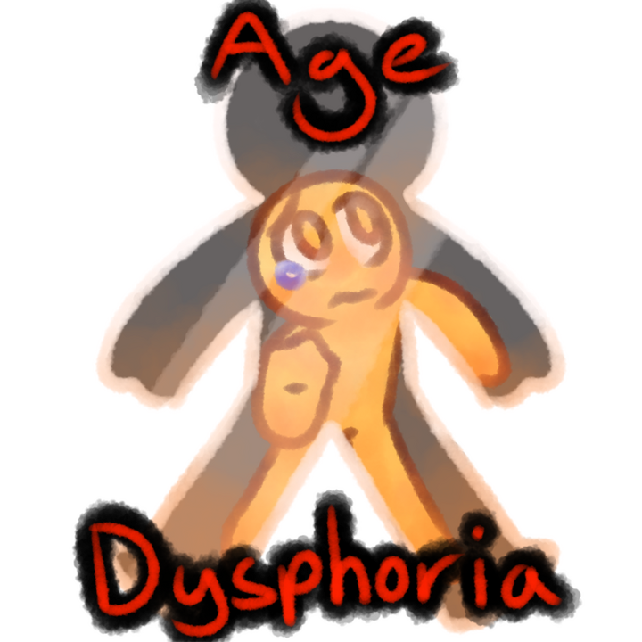 Drawing of a little emojiperson trapped inside a big glass body looking distressed. There is text above and below the drawing that reads "Age Dysphoria" in red with a black outline.