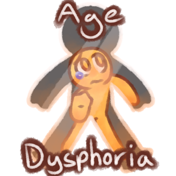 Drawing of a little emojiperson trapped inside a big glass body looking distressed. There is text above and below the drawing that reads "Age Dysphoria" in white with a brown outline.