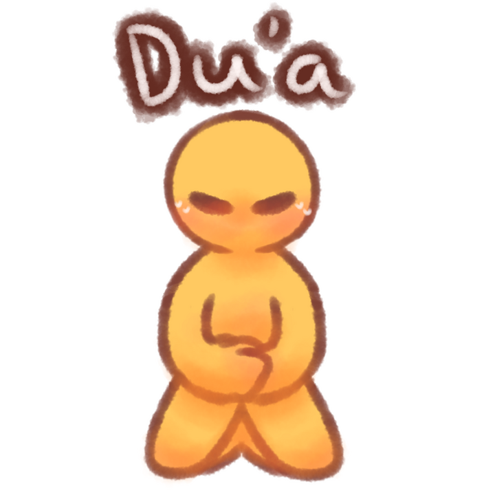 Drawing of an emojiperson kneeling and folding their hands in their lap, praying. There's the text "Du'a" in white with a brown outline above the drawing.