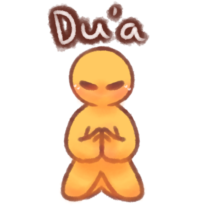 Drawing of an emojiperson kneeling and putting their hands together, praying. There's the text "Du'a" in white with a brown outline above the drawing.