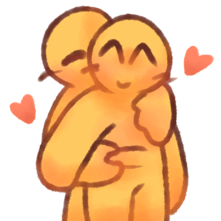 Drawing of two emojipeople hugging, one hugging from behind a chubby person and squishing their belly. There are hearts around the two.