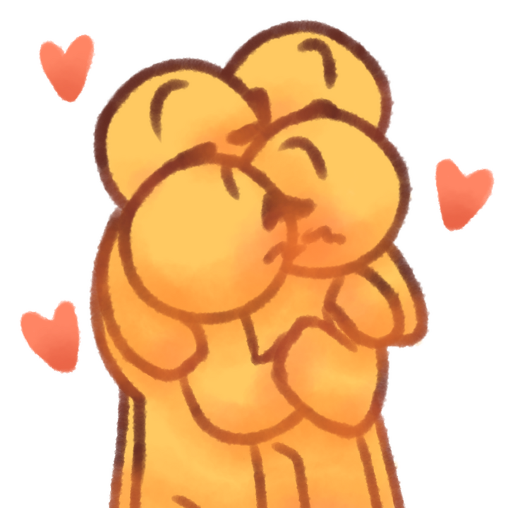 Drawing of four emojipeople kissing and holding each other. There are hearts around them.