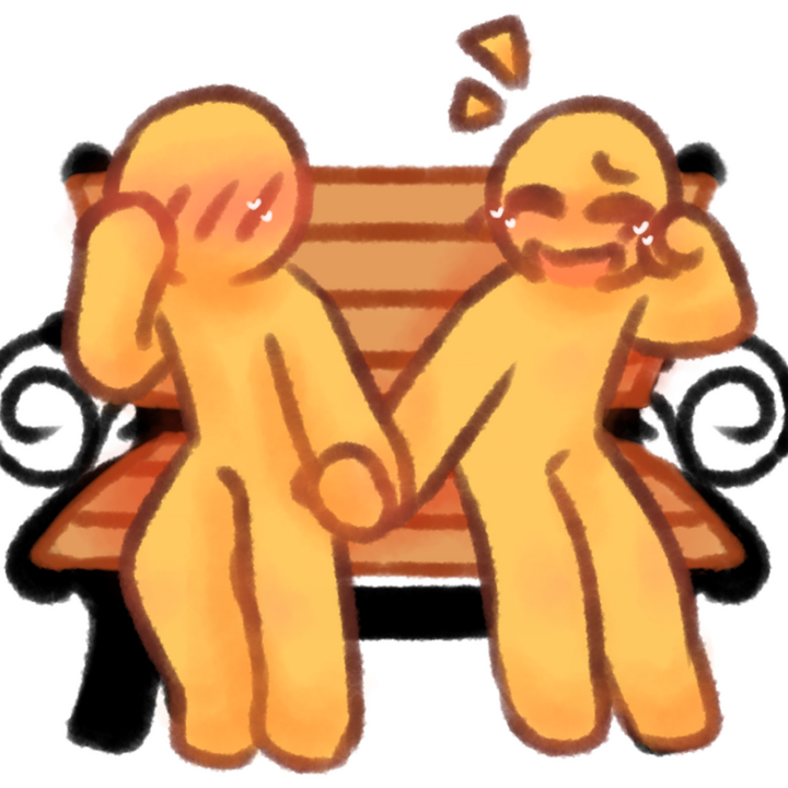 Drawing of two emojipeople holding hands on a bench. One is flustered and one is laughing.