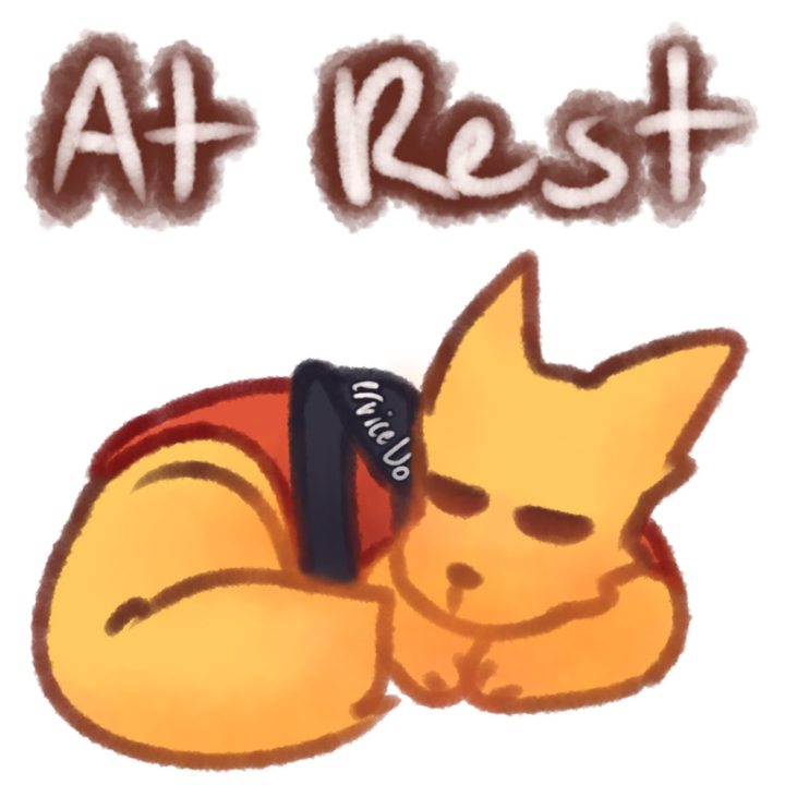 Drawing of an emojidog with a red service dog vest on curled up and resting with its eyes closed. The text "Resting" in white with a brown outline can be seen above the drawing.