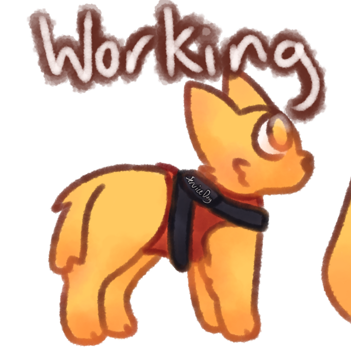 Drawing of an emojidog with a red service dog vest on following its handler. The text "Working" in white with a brown outline can be seen above the drawing.
