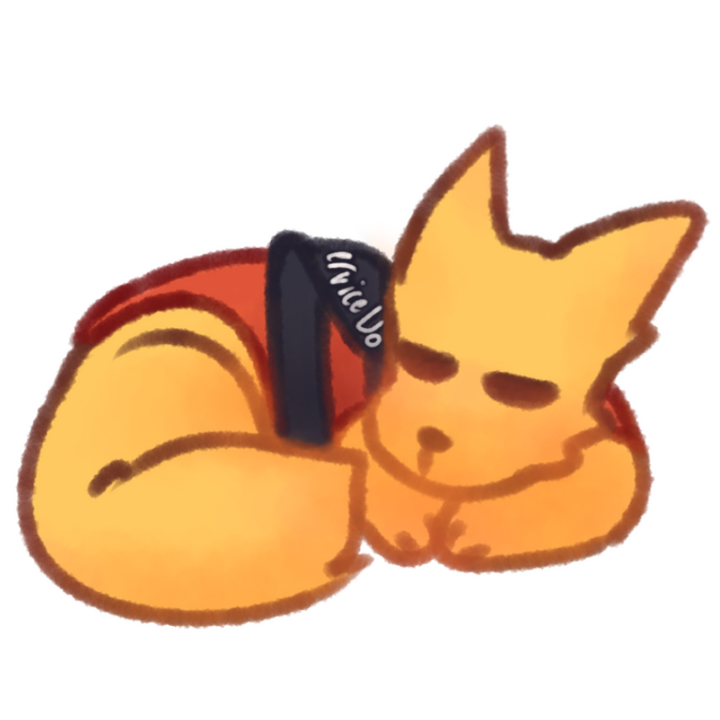 Drawing of an emojidog with a red service dog vest on curled up and resting with its eyes closed.